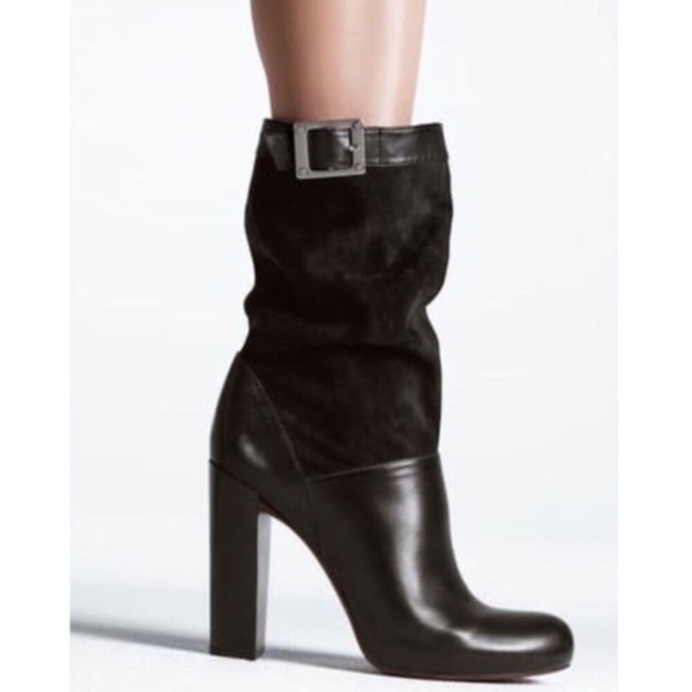 Rachel Zoe Womens Claudia Leather & Suede Mid Calf Stack Heel Boots in Black 7.5